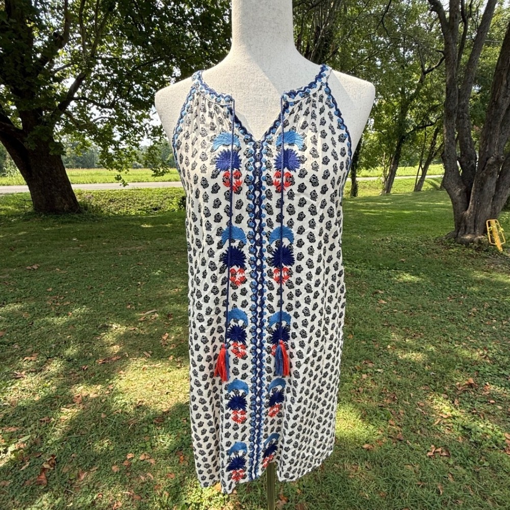 THML Womens Embroidered Tassel Boho Shift Dress FTM250 Blue Orange Black Small - Picture 1 of 9